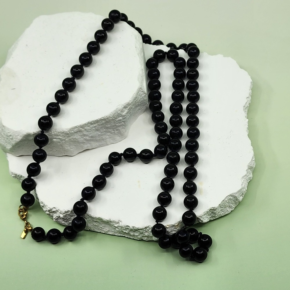 Monet Vintage Black Beaded Long Necklace Gold Tone Clasp Statement Layering